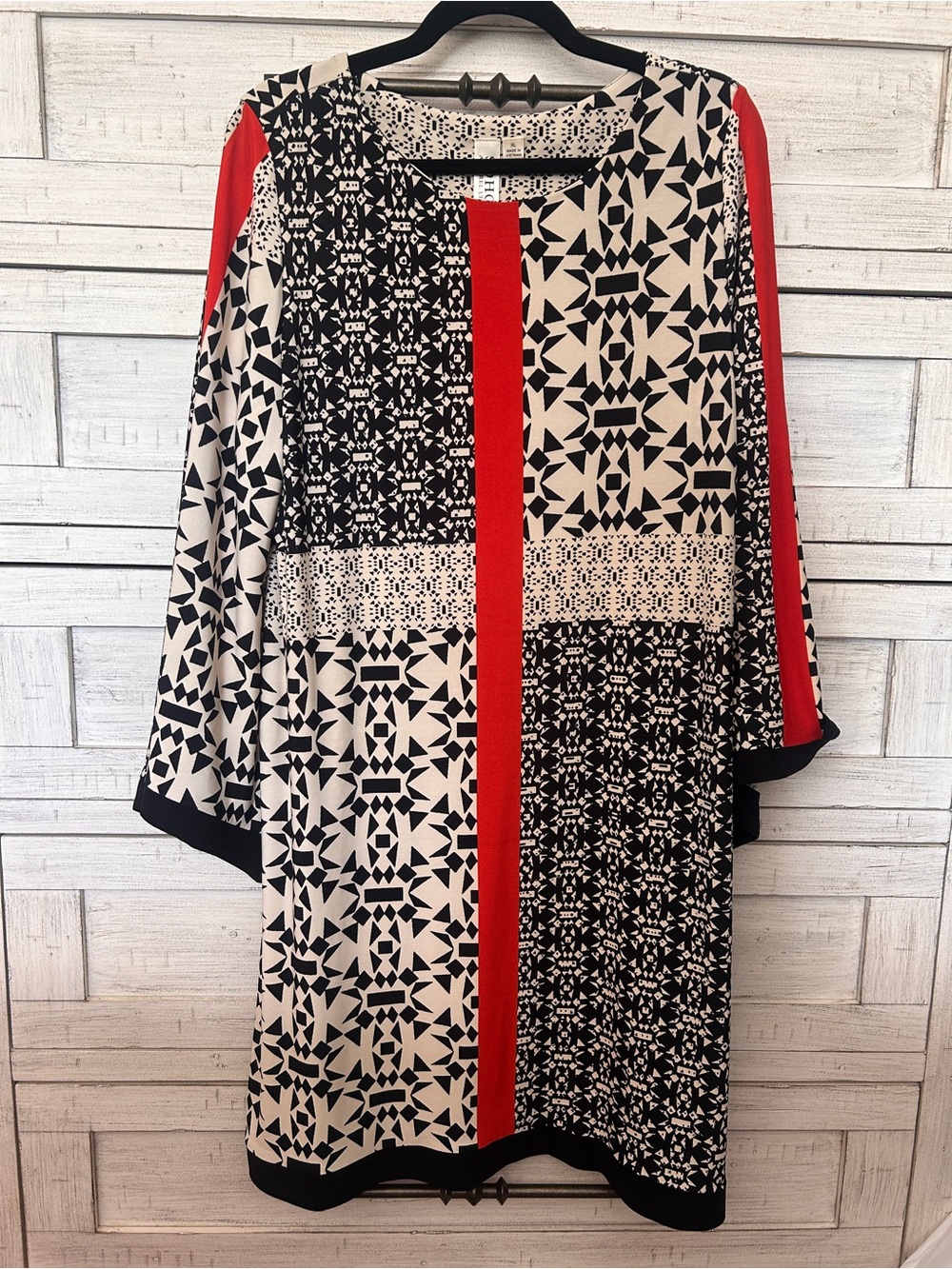 Soho Black, White & Orange Geometric Panel Long Sleeve Dress